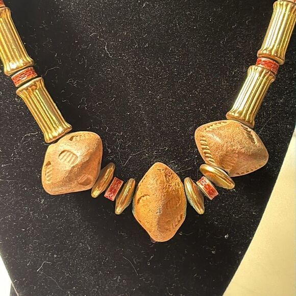 Earth Tone Wooden, Clay and Mixed Media Beaded Statement Necklace 18.5” - Picture 2 of 5